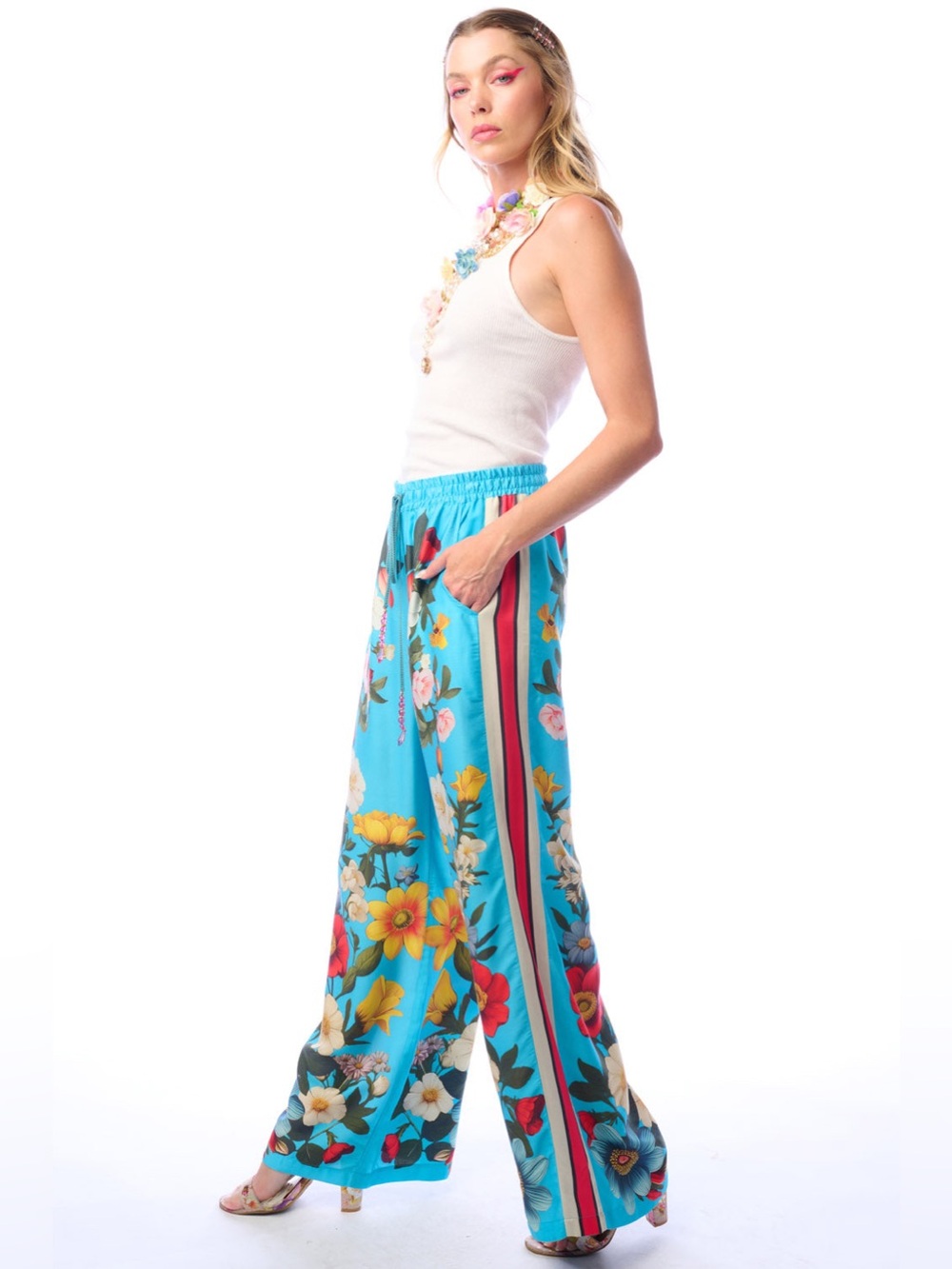Aratta Blue Floral Wide Leg Pants XL Boho Resort Coastal Grandma NWT - Picture 3 of 4